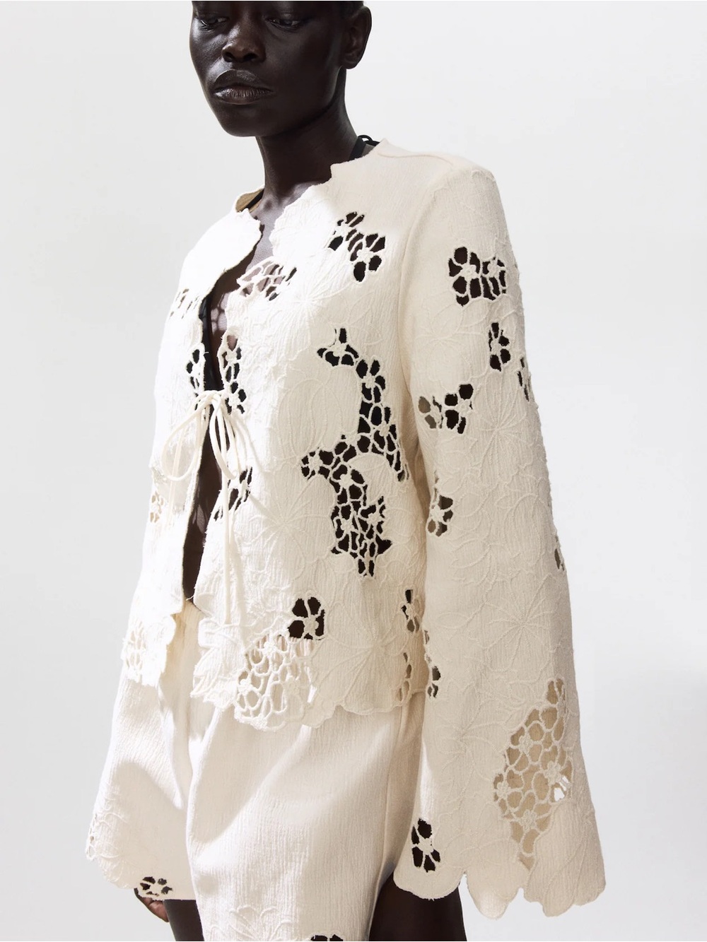 H&M Cream Crochet Tie-Front Blazer Jacket